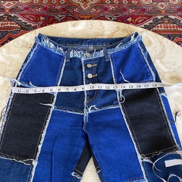 Shein Patchwork Distressed Black & Blue Denim High Waist Button Fly Flare Jeans - Picture 12 of 16